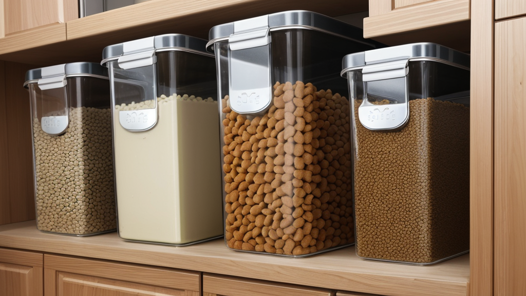Airtight dog food storage container in a clean kitchen pantry