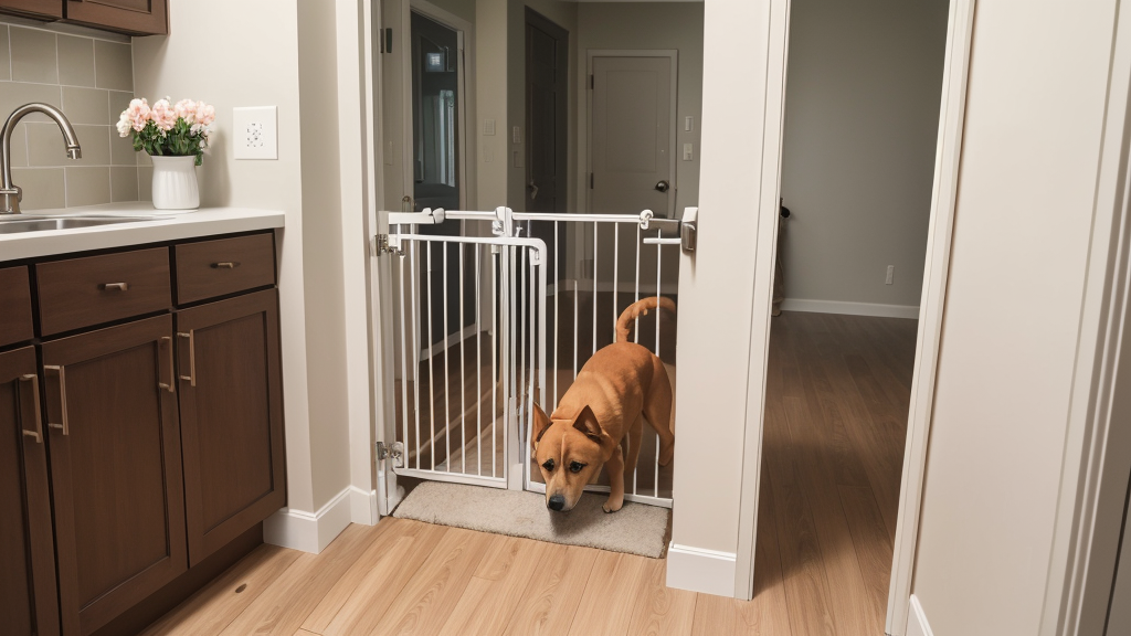 Golden retriever in a tidy dog-proofed kitchen with organized cords and secured cabinets