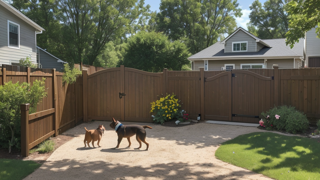 Backyard with secure fence, gate latch, and dog playing safely on grass