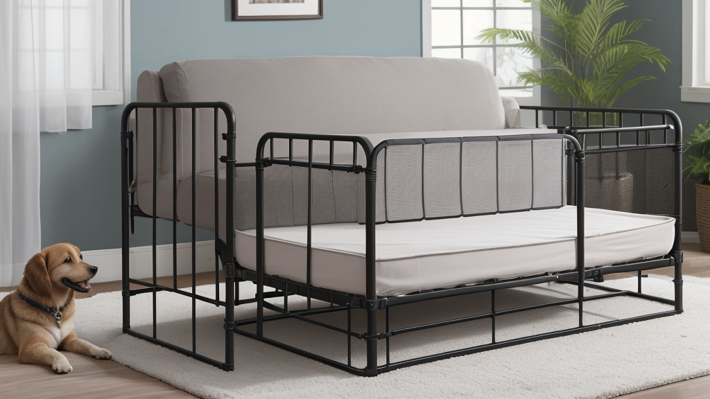 Dog relaxing on an elevated mesh cot bed outdoors