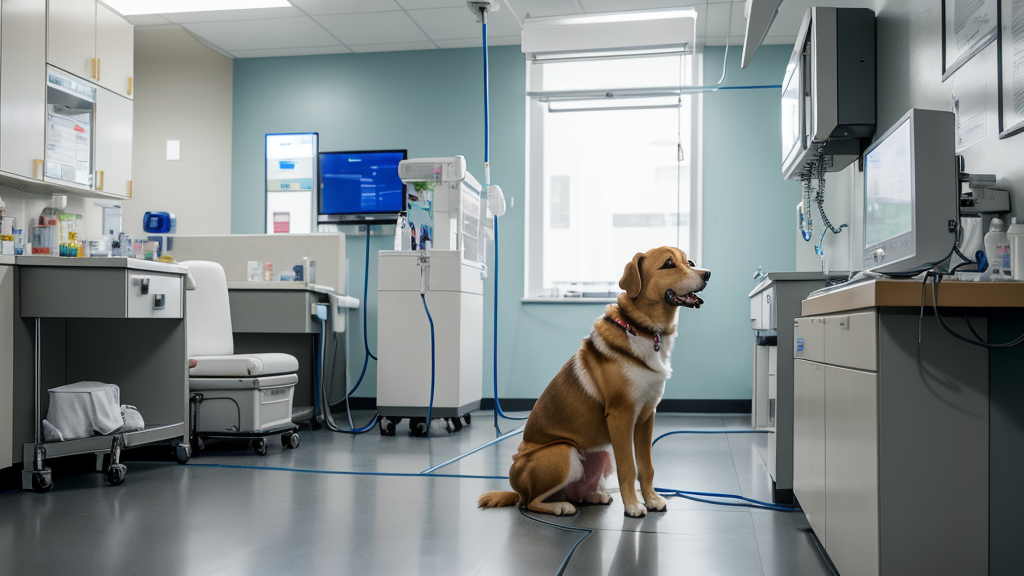 Dog receiving emergency veterinary care in a hospital setting