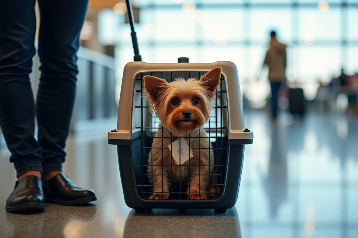 small dog in airline pet carrier at airport gate