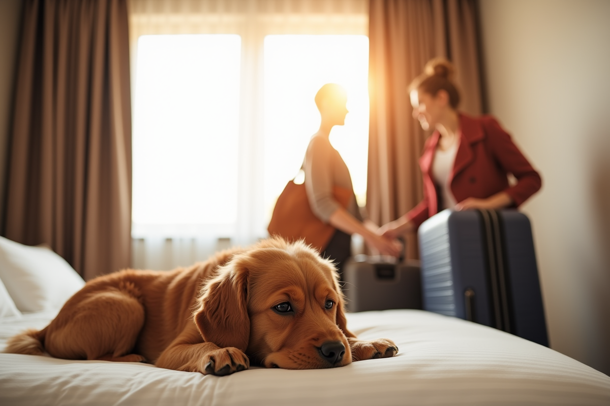 dog relaxing on hotel bed with owner packing suitcase