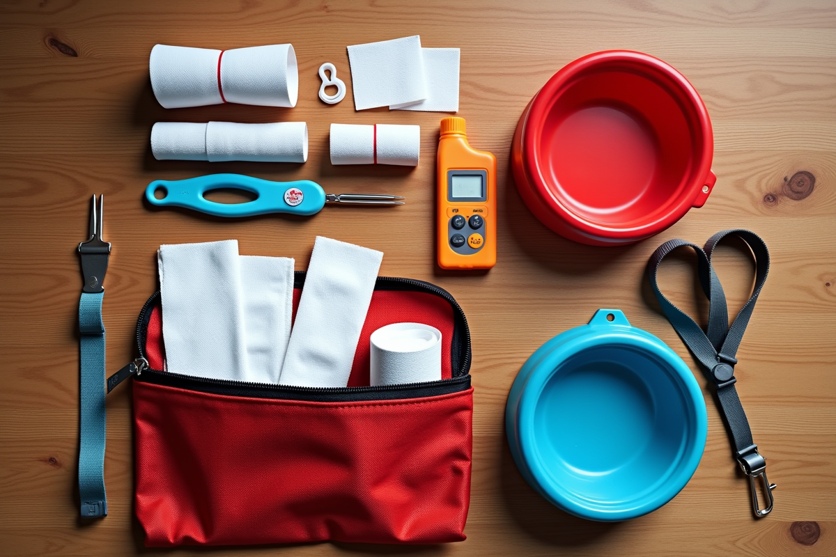 DIY pet first aid kit with gauze bandages and supplies spread on table