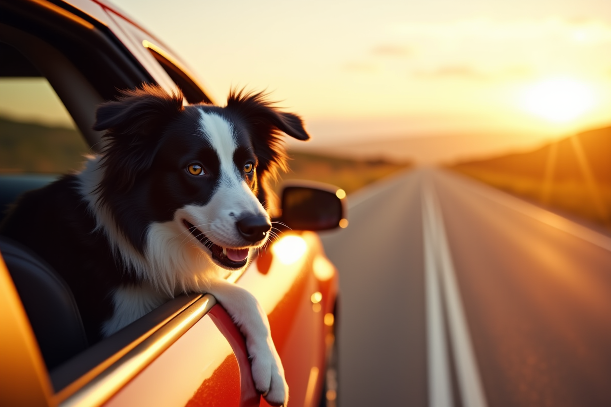 border collie sticking head out of car window on scenic road trip