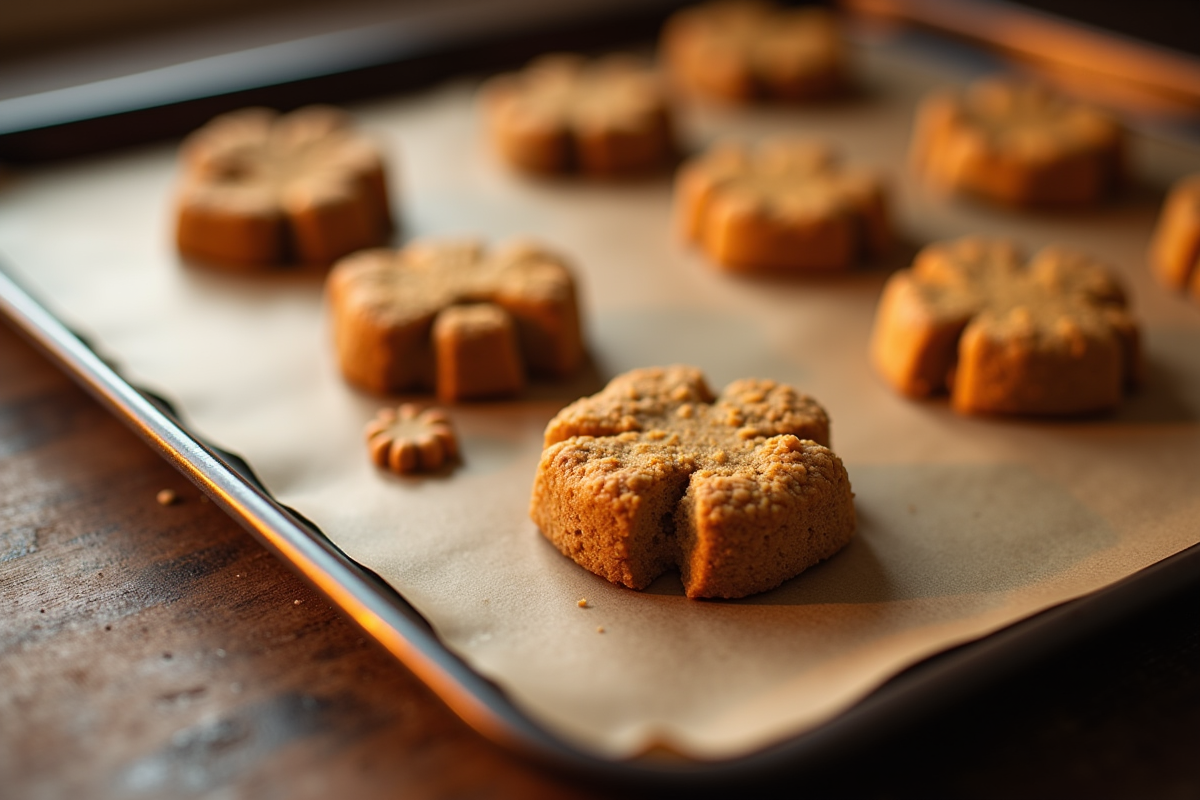 homemade pumpkin oat dog cookies and peanut butter banana bite treats cooling on a baking sheet on a rustic wooden kitchen table