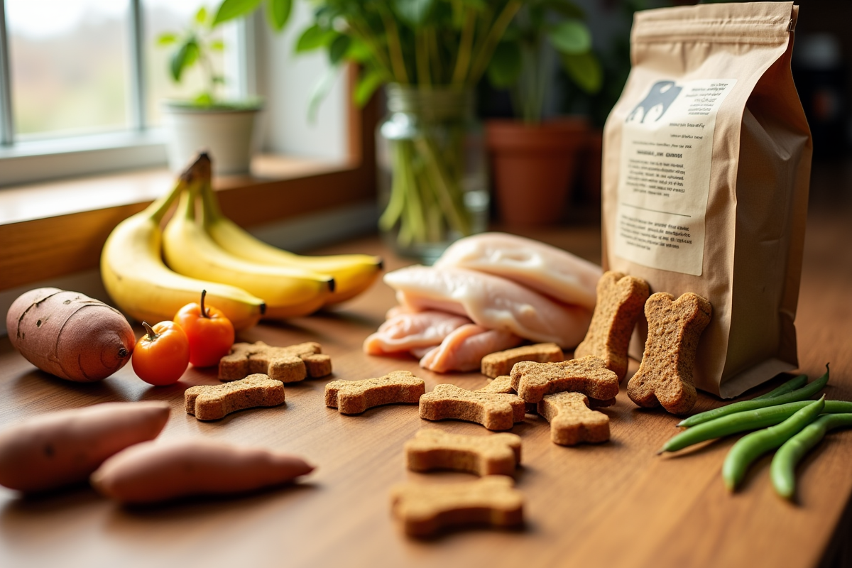 side by side comparison of store-bought treat bag with long ingredient list next to fresh sweet potatoes and bananas on a wooden countertop