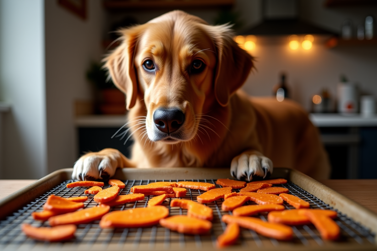 golden retriever watching homemade sweet potato chews and chicken jerky strips drying on a baking sheet in the oven with warm kitchen lighting