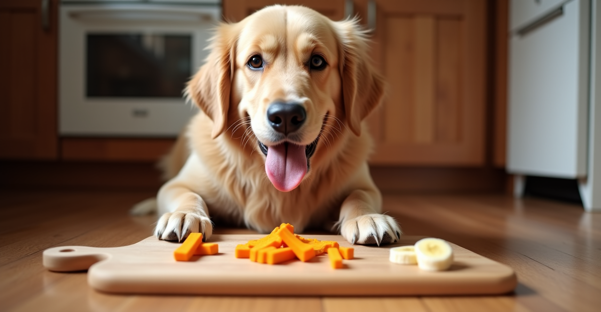golden retriever happily eating homemade dog treats on a kitchen cutting board with fresh sweet potato and banana nearby