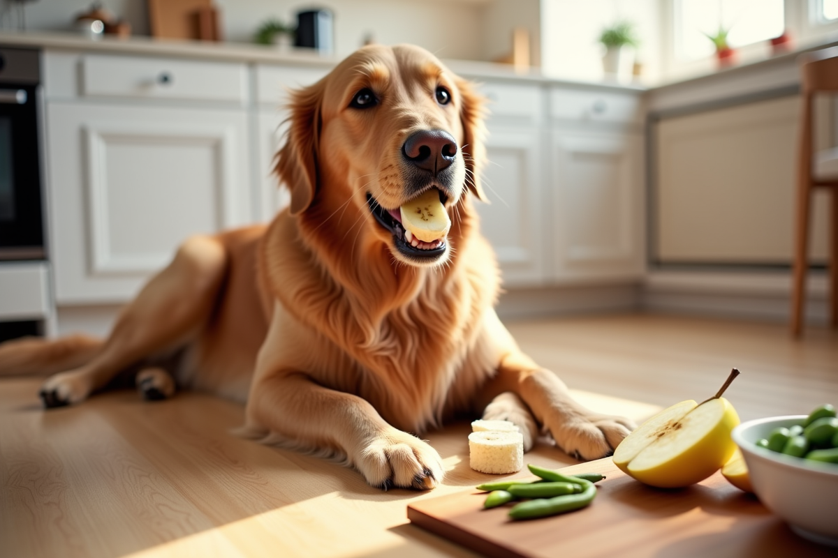 golden retriever eating a frozen banana slice treat on a kitchen floor with green beans and apple slices arranged on a cutting board nearby