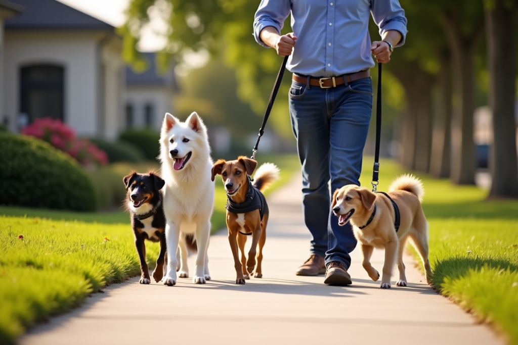 Professional dog walker with multiple dogs on leashes walking down a suburban sidewalk