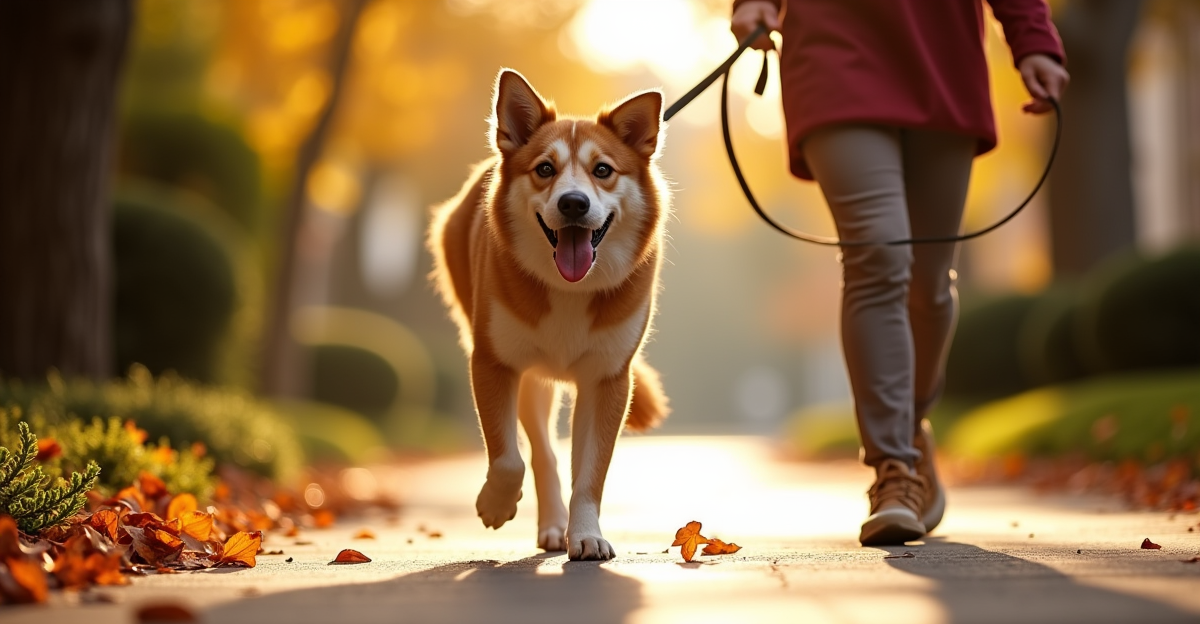 Dog walking happily on a tree-lined neighborhood path in warm morning sunlight