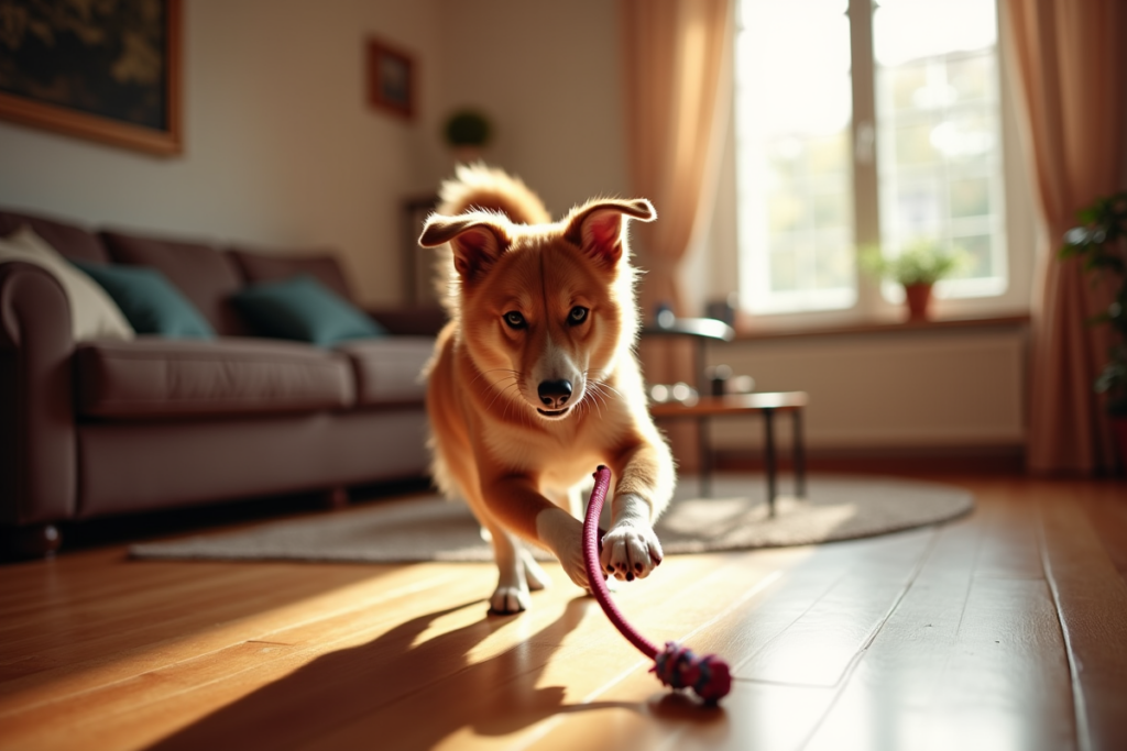 Dog playing with a flirt pole toy indoors in a living room