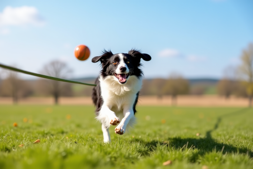 Border collie running on a long training line in an open grassy field