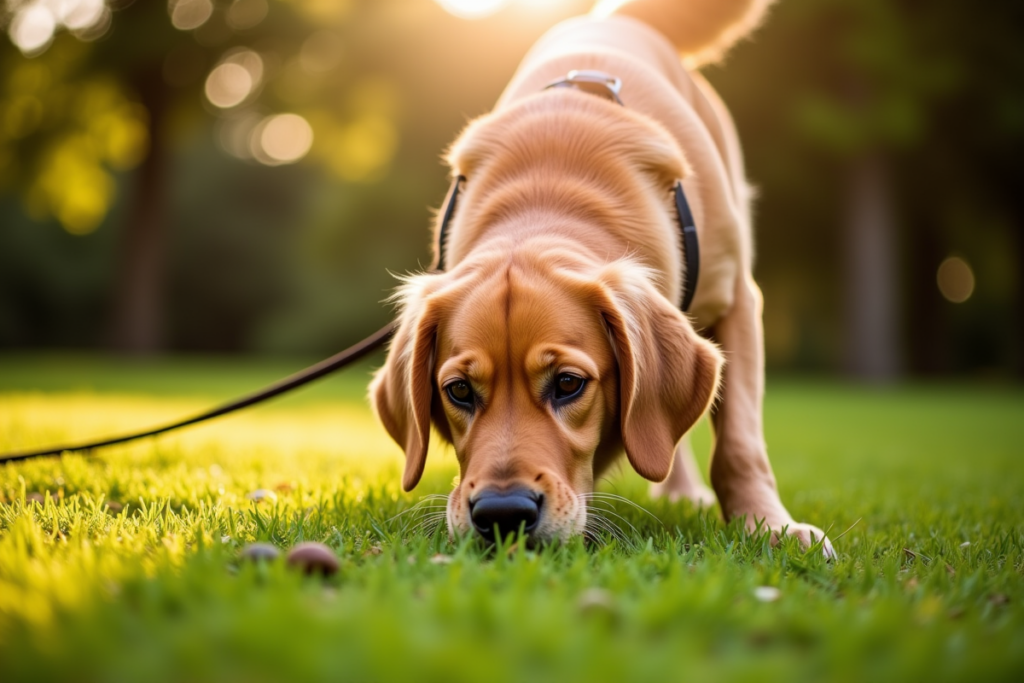 Golden retriever sniffing grass on a sniff walk in a park