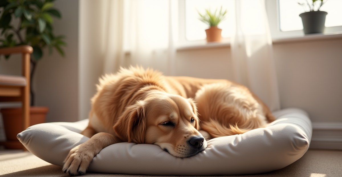 Golden retriever sleeping on orthopedic dog bed in living room