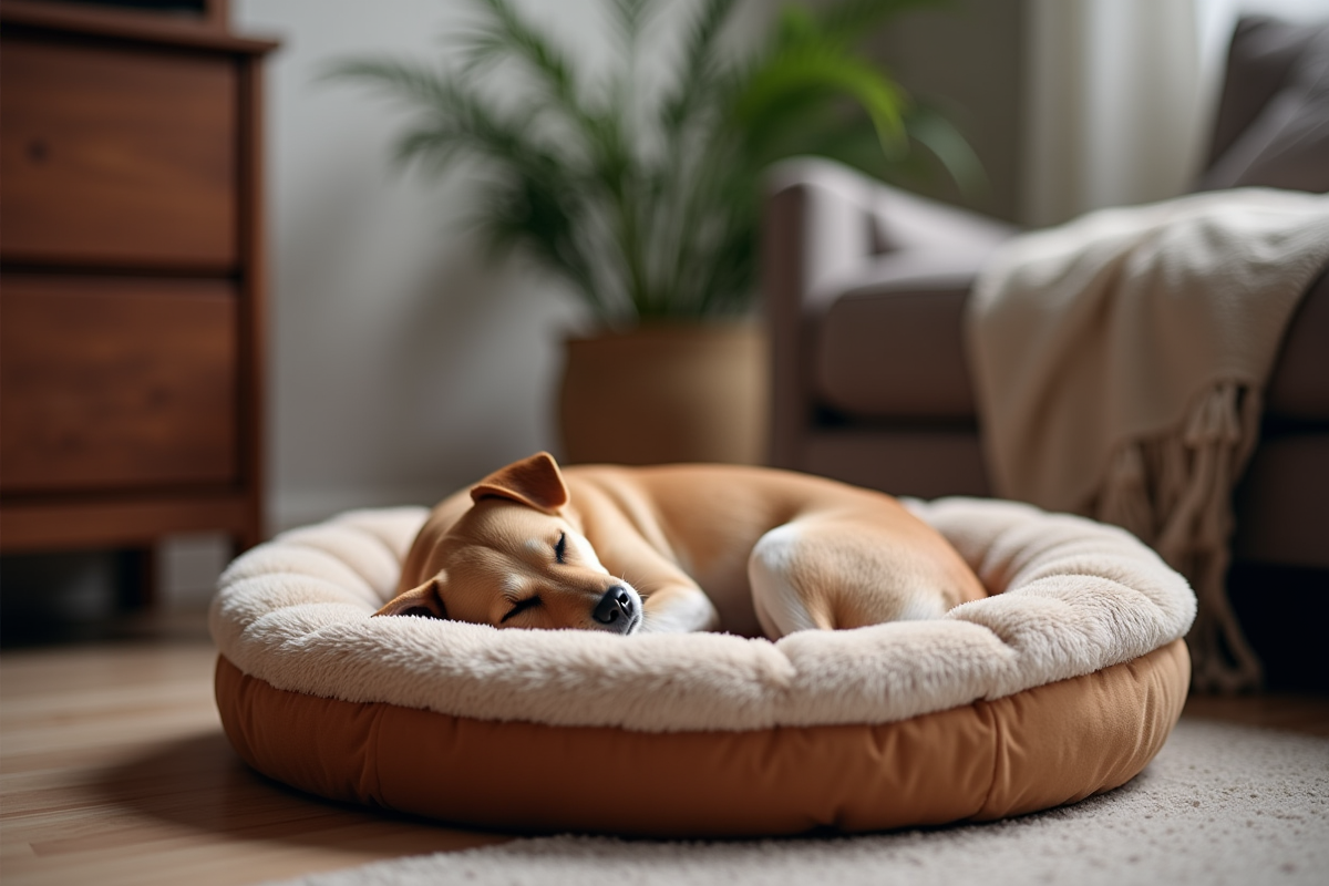 Photograph of a small dog curled up asleep in a round donut-style calming pet bed with raised rim