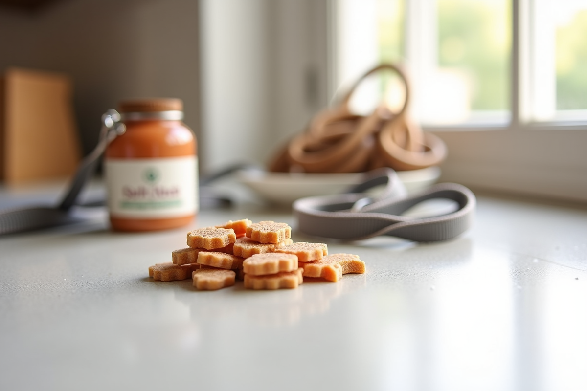 Close-up photograph of calming supplement chews for dogs arranged next to a treat jar on a kitchen counter