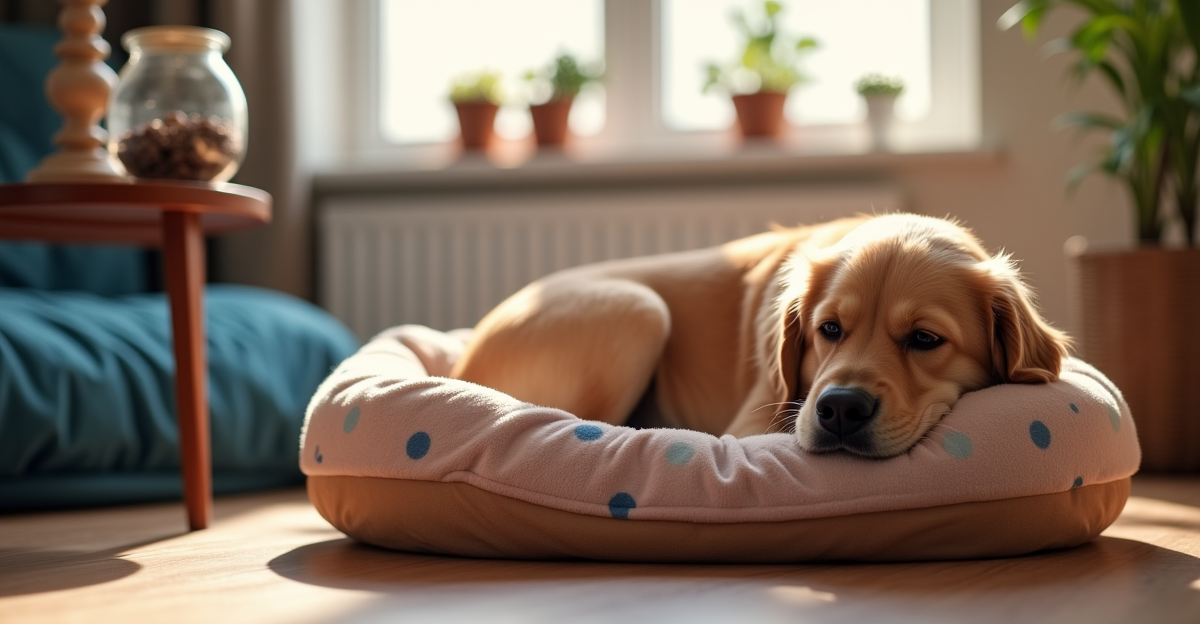 Golden retriever resting calmly on a cozy bed next to a thunder shirt and calming treats