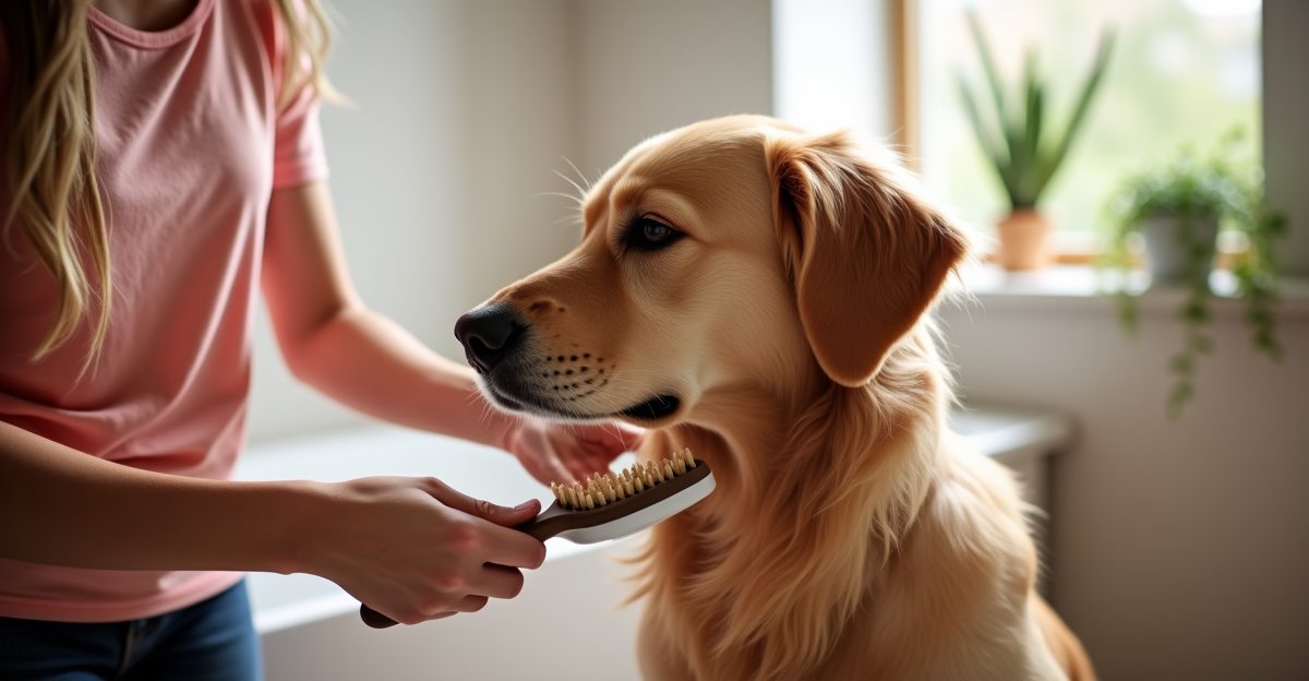 Owner brushing golden retriever at home in bathroom