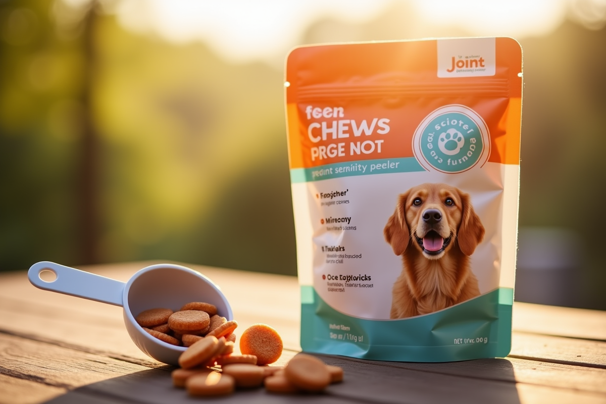 Photograph of joint supplement soft chews for dogs in a resealable bag next to a measuring scoop on a wooden table