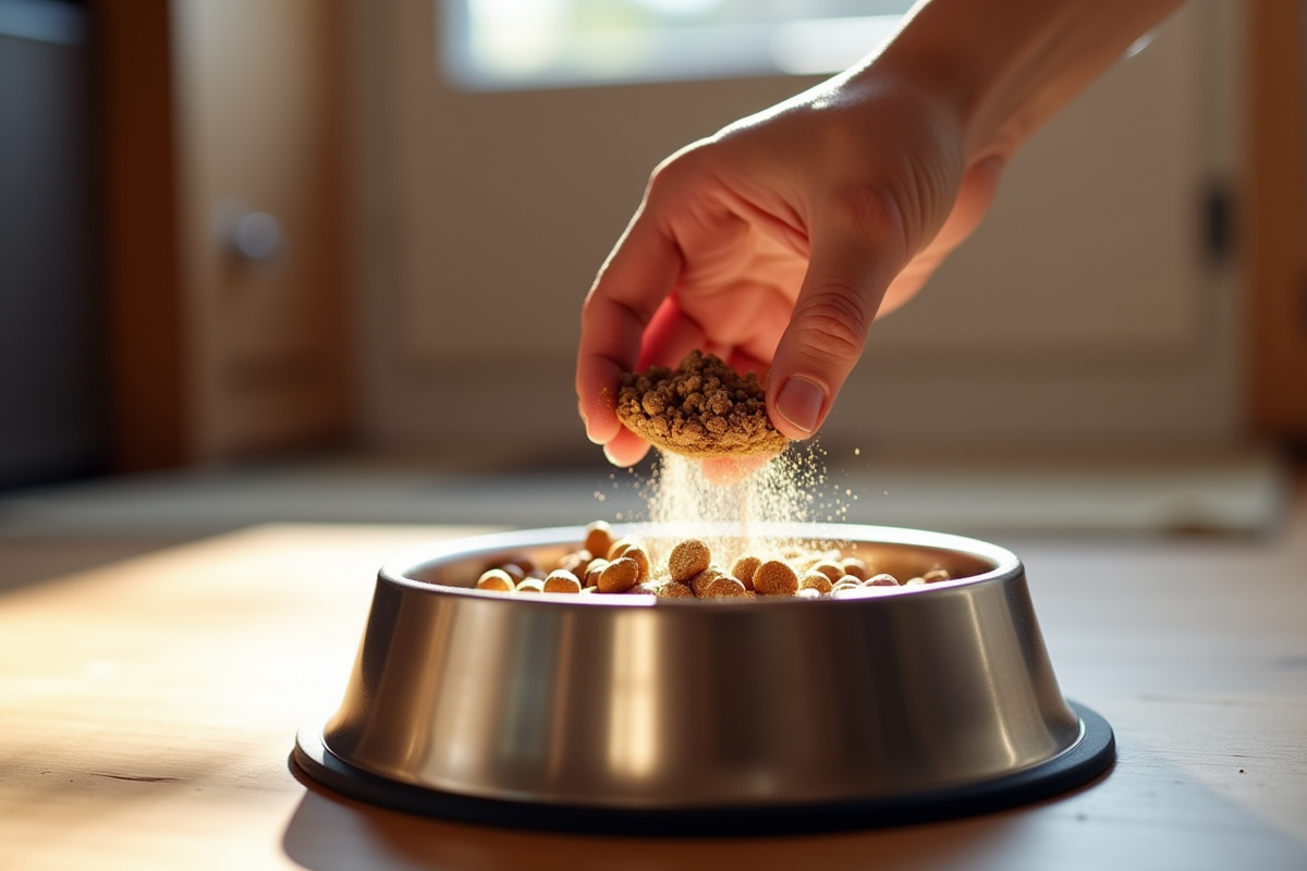 Photograph of a hand scooping joint supplement powder onto dog food in a stainless steel bowl