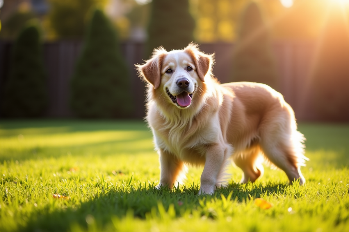 Photograph of a senior dog standing comfortably on a grassy lawn in morning sunlight, looking healthy and mobile