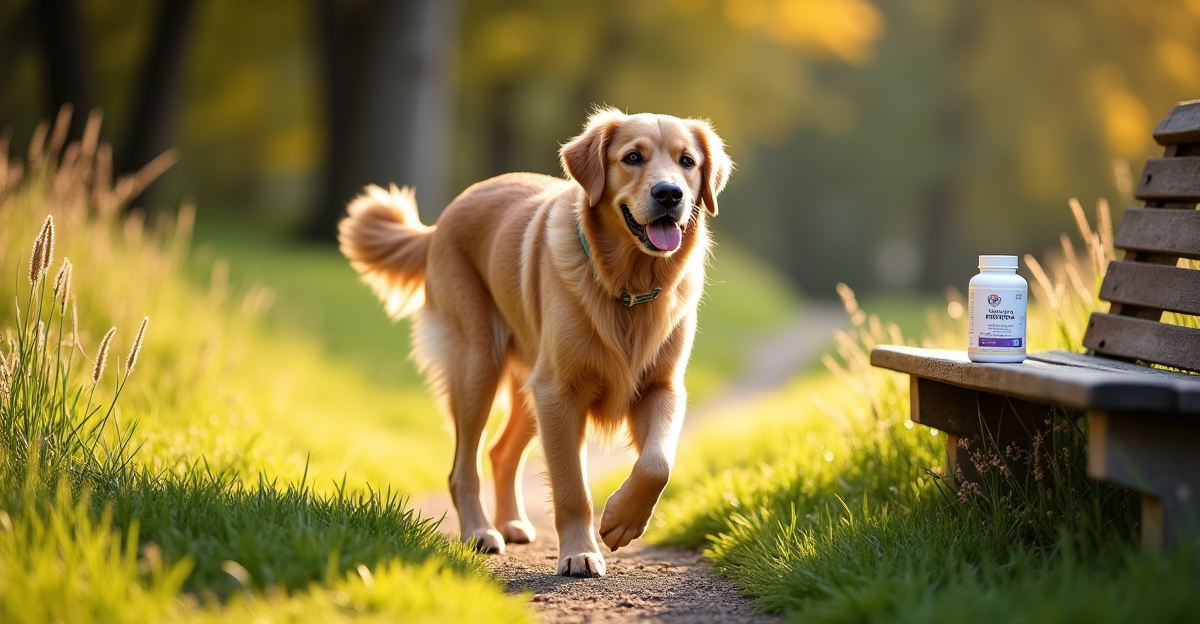 Senior golden retriever walking comfortably on a grassy trail with joint supplement bottles nearby