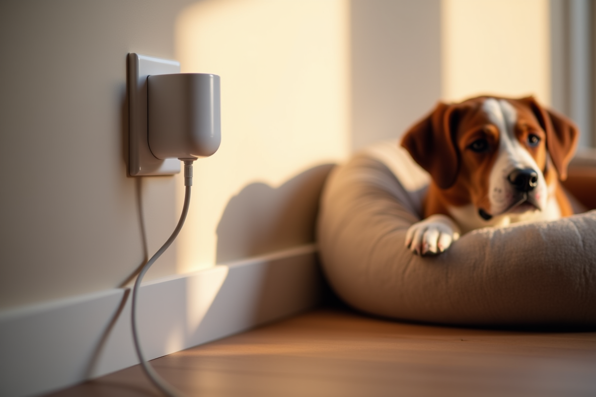 Photograph of a dog pheromone diffuser plugged into a wall outlet near a dog bed in a living room