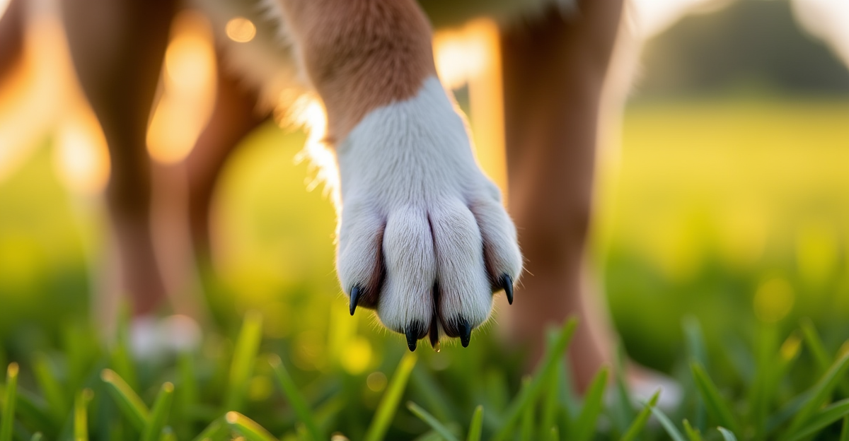 Close-up of healthy dog paw pads on green grass in natural sunlight
