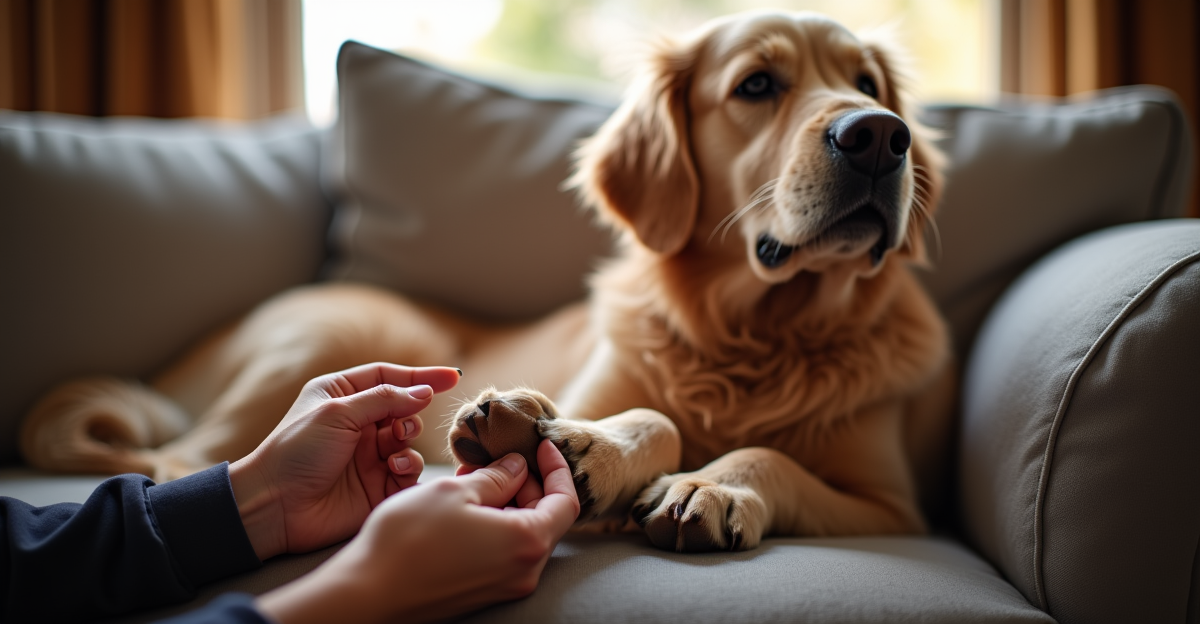 Dog owner applying paw balm to golden retriever paw pads at home