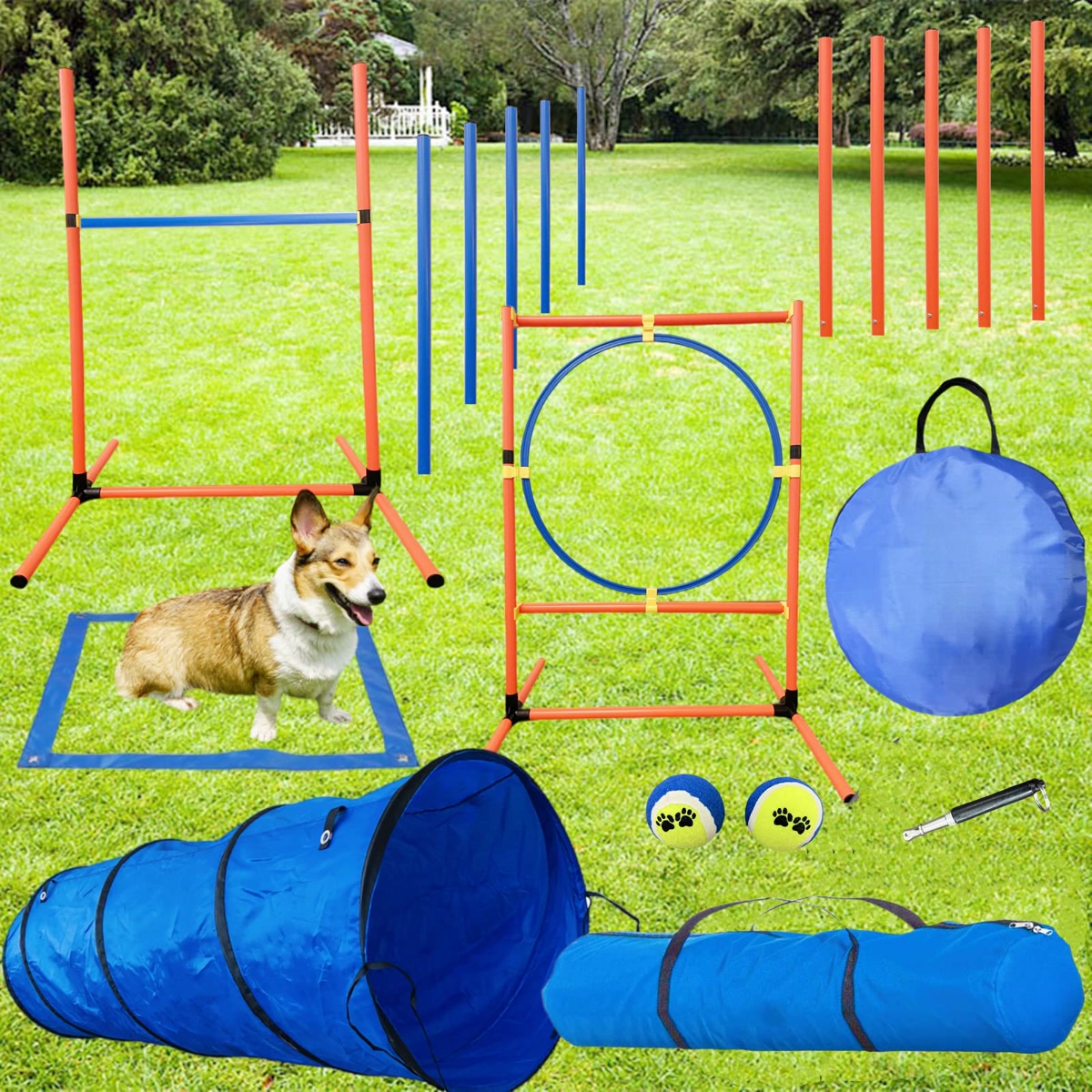 Dog jumping over a DIY PVC agility jump bar in a backyard on a sunny day