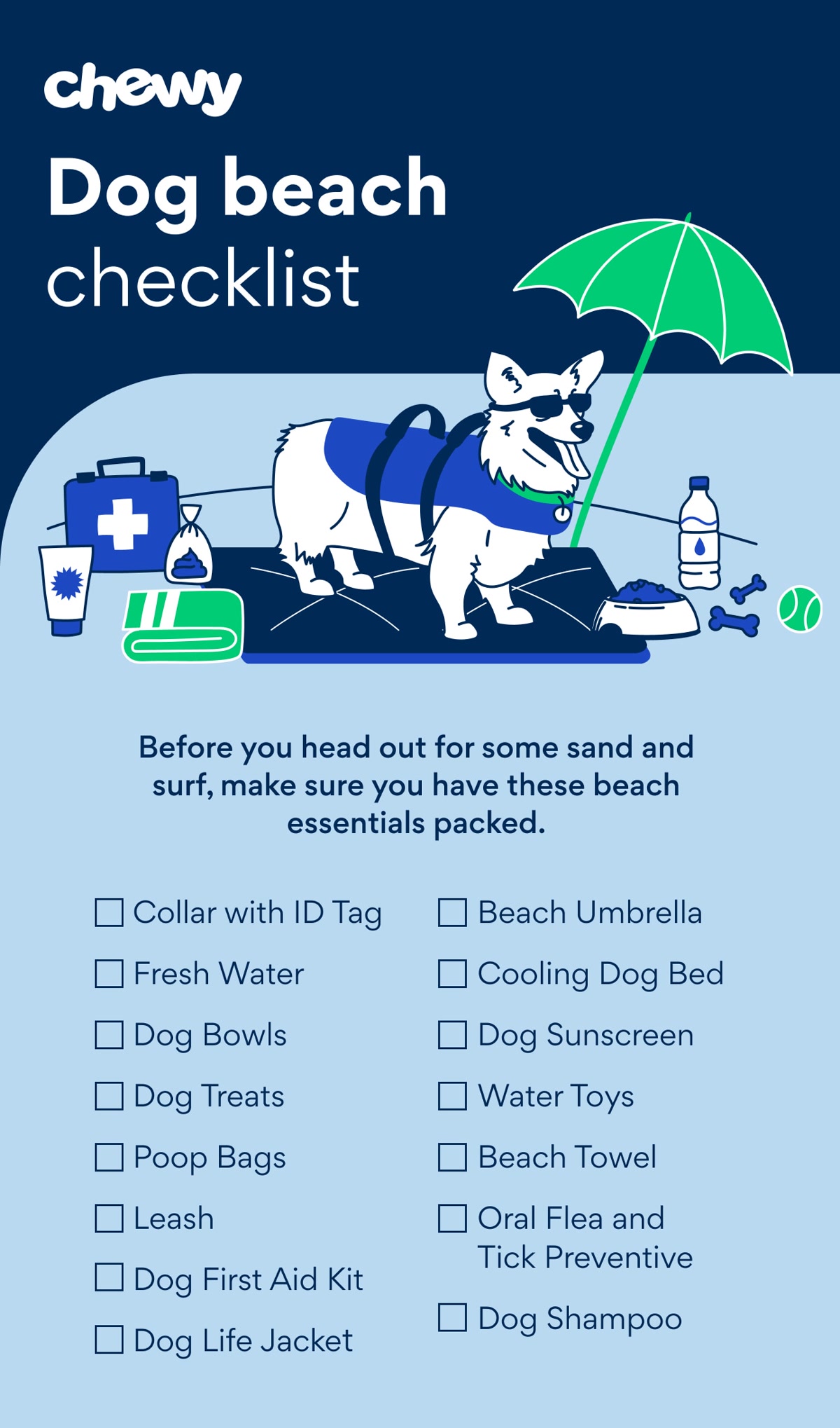 Dog running happily on a sunny beach with waves and a beach bag with supplies nearby