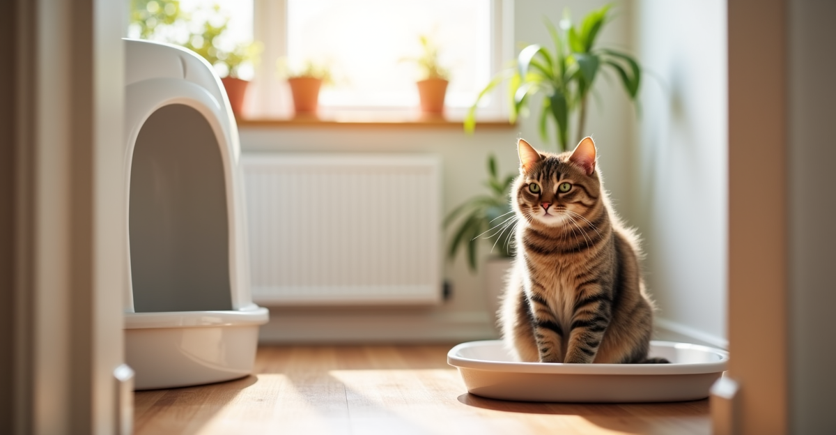 Cat sitting beside a clean litter box in a bright modern bathroom