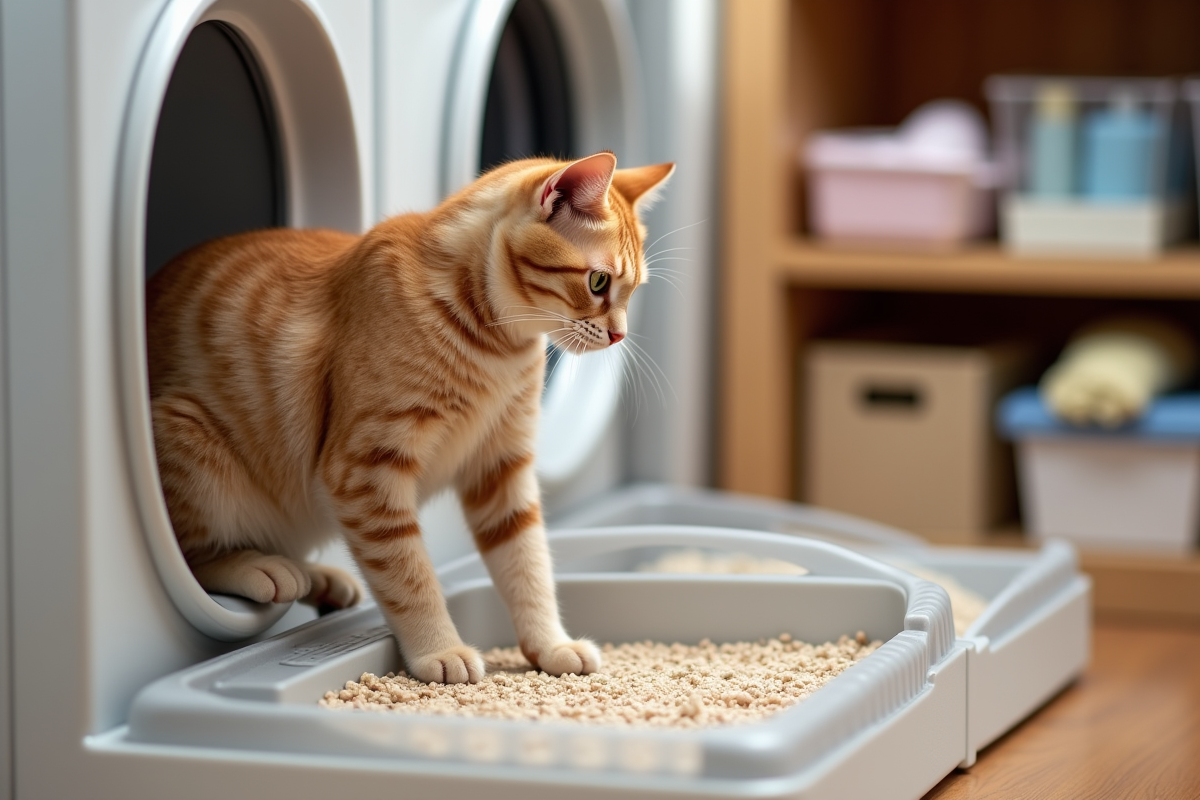 Cat stepping into a fresh clumping litter box with tight clumps visible
