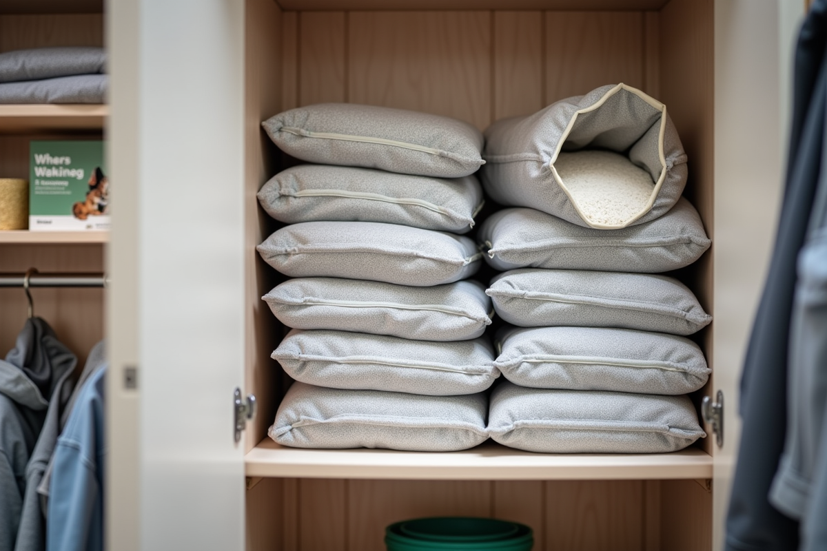Large bags of cat litter stacked neatly on a utility room shelf