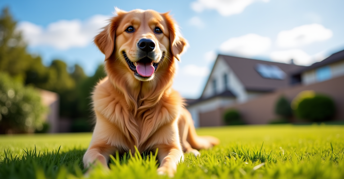 Happy golden retriever sitting on a lush green lawn on a sunny day