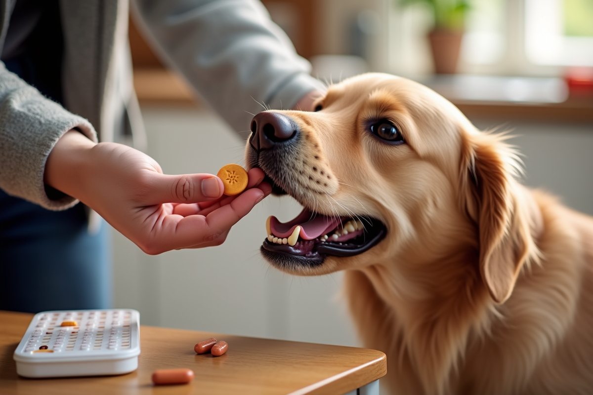 Dog owner giving a chewable heartworm prevention tablet to a golden retriever
