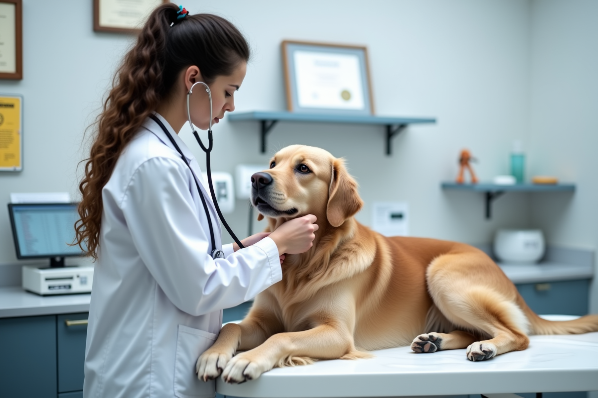 Veterinarian examining a dog in a clean modern veterinary clinic