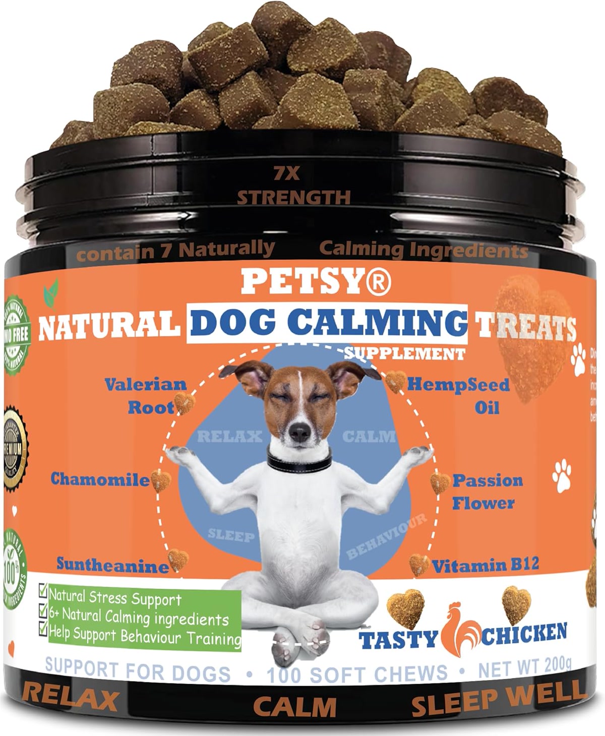 Natural calming dog treats jar with valerian root and hemp seed oil