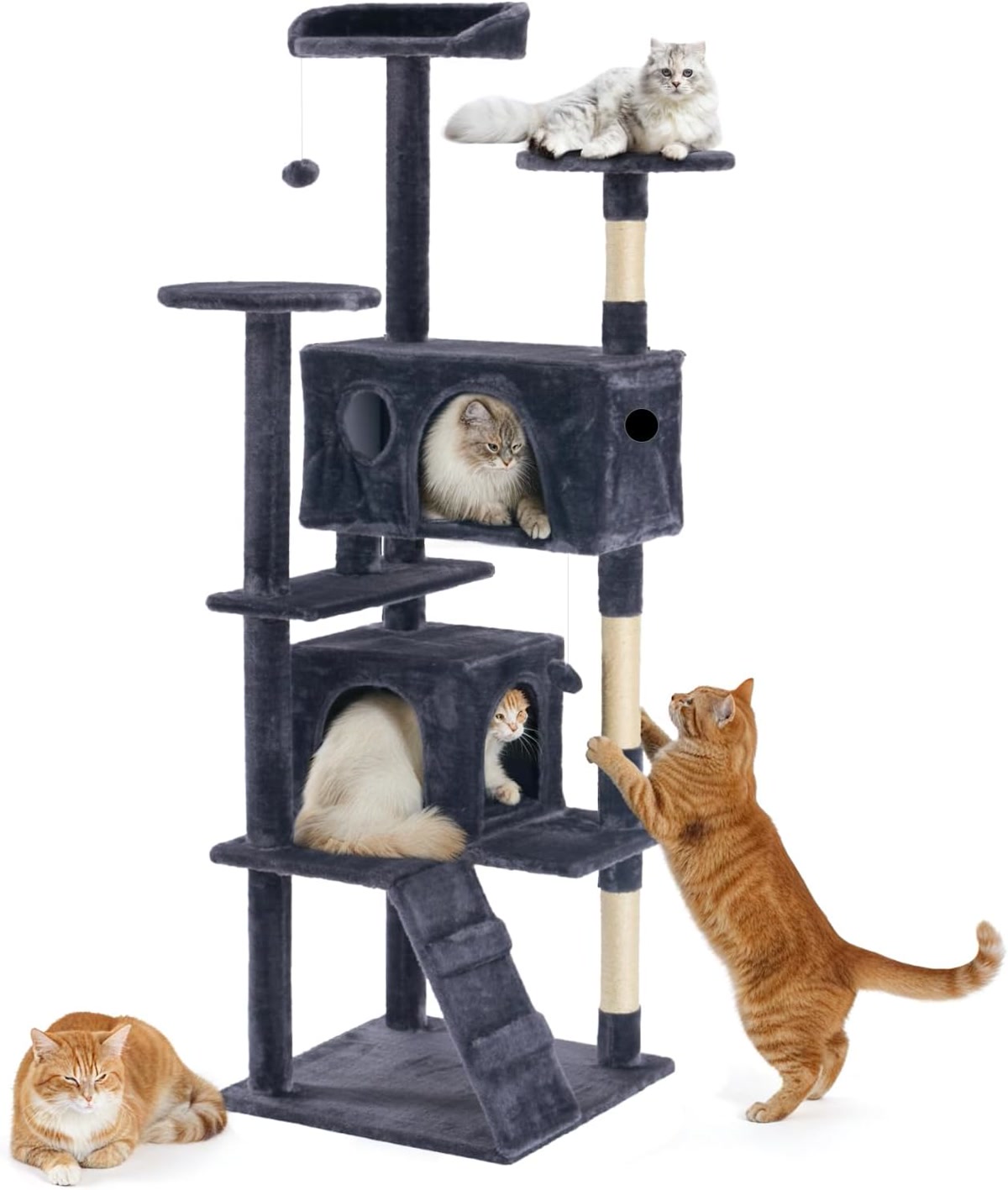 Tall grey cat tree tower product with multiple levels for cats