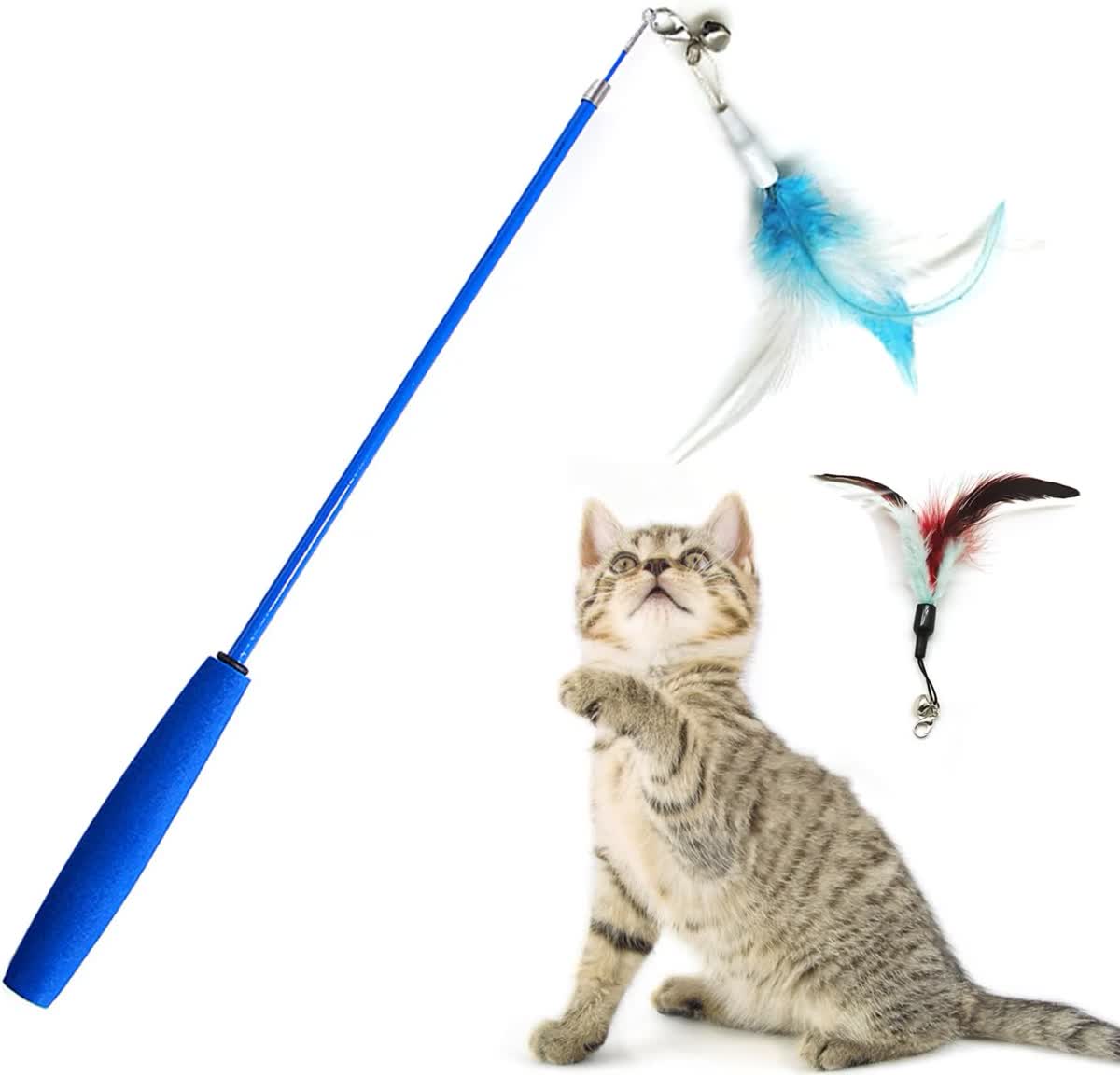 Interactive cat wand toy with feather attachments for daily exercise and diabetes prevention