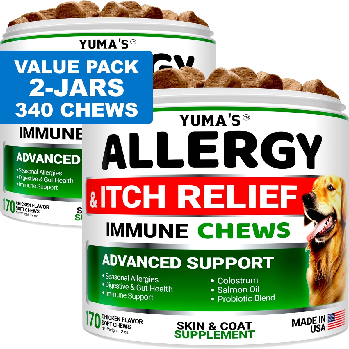 Yuma allergy and itch relief soft chews supplement jars for dog skin and coat
