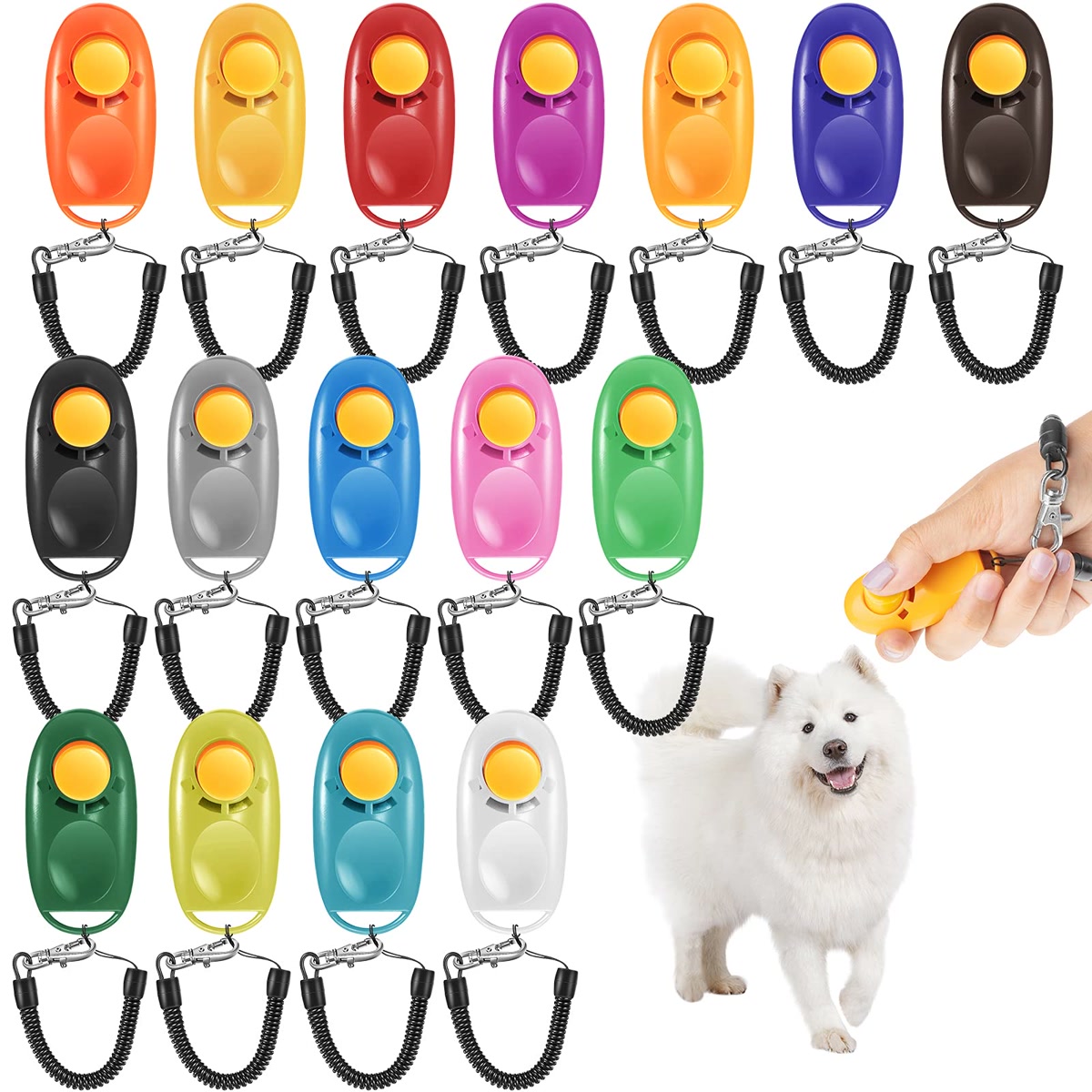 Colorful dog training clickers product with hand demonstrating use