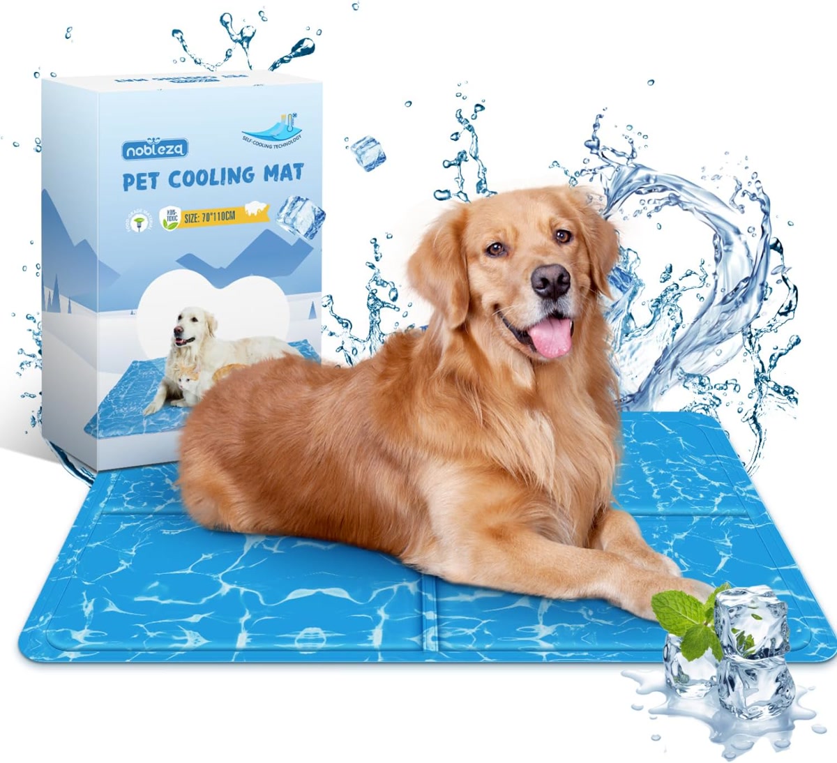 Golden retriever lying on blue gel cooling mat pad product for summer heat relief
