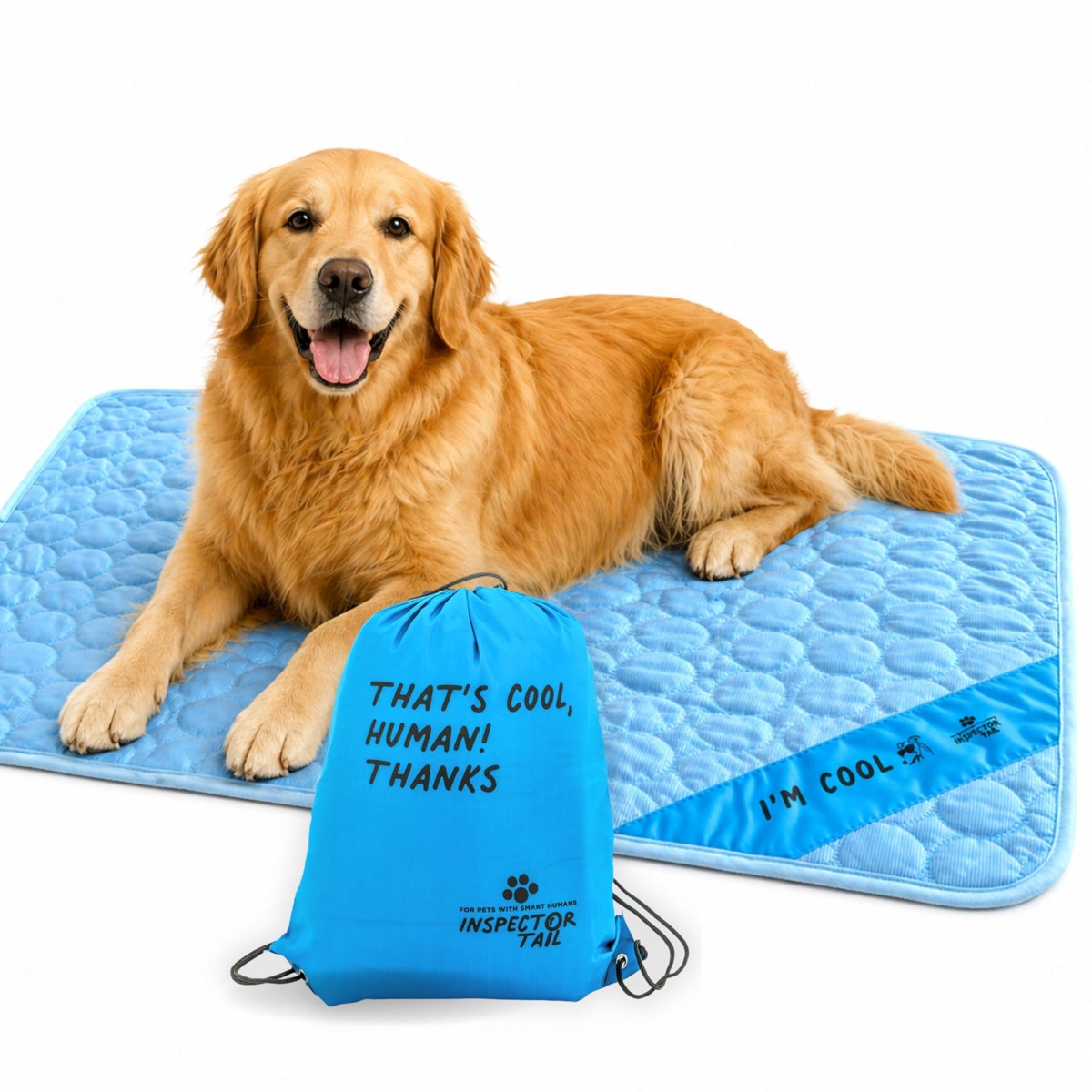 Golden retriever lying on blue quilted cooling mat for summer heat relief