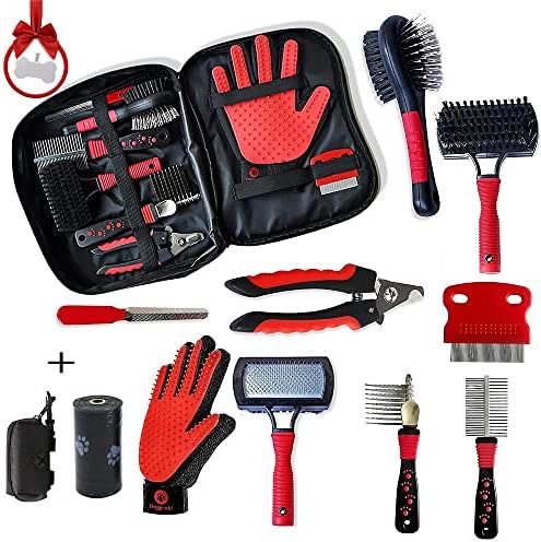 Black carrying case with red handled grooming tools kit including brushes and clippers