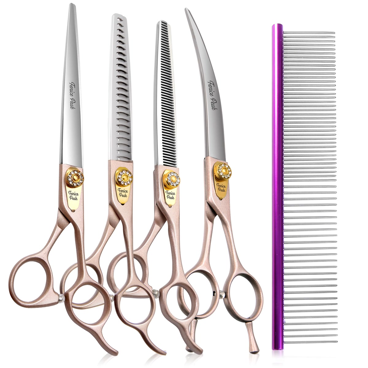 Rose gold grooming shears set with straight curved and thinning scissors plus comb