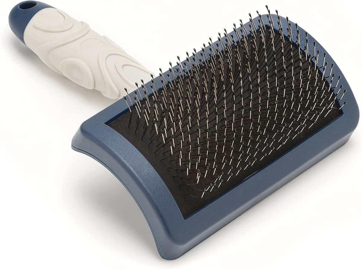 Blue and white pet slicker brush grooming tool product on white background