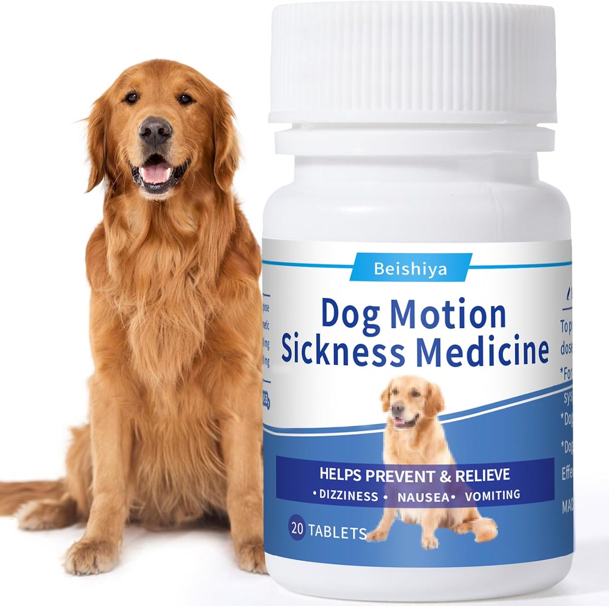 Dog motion sickness medicine product bottle with dog